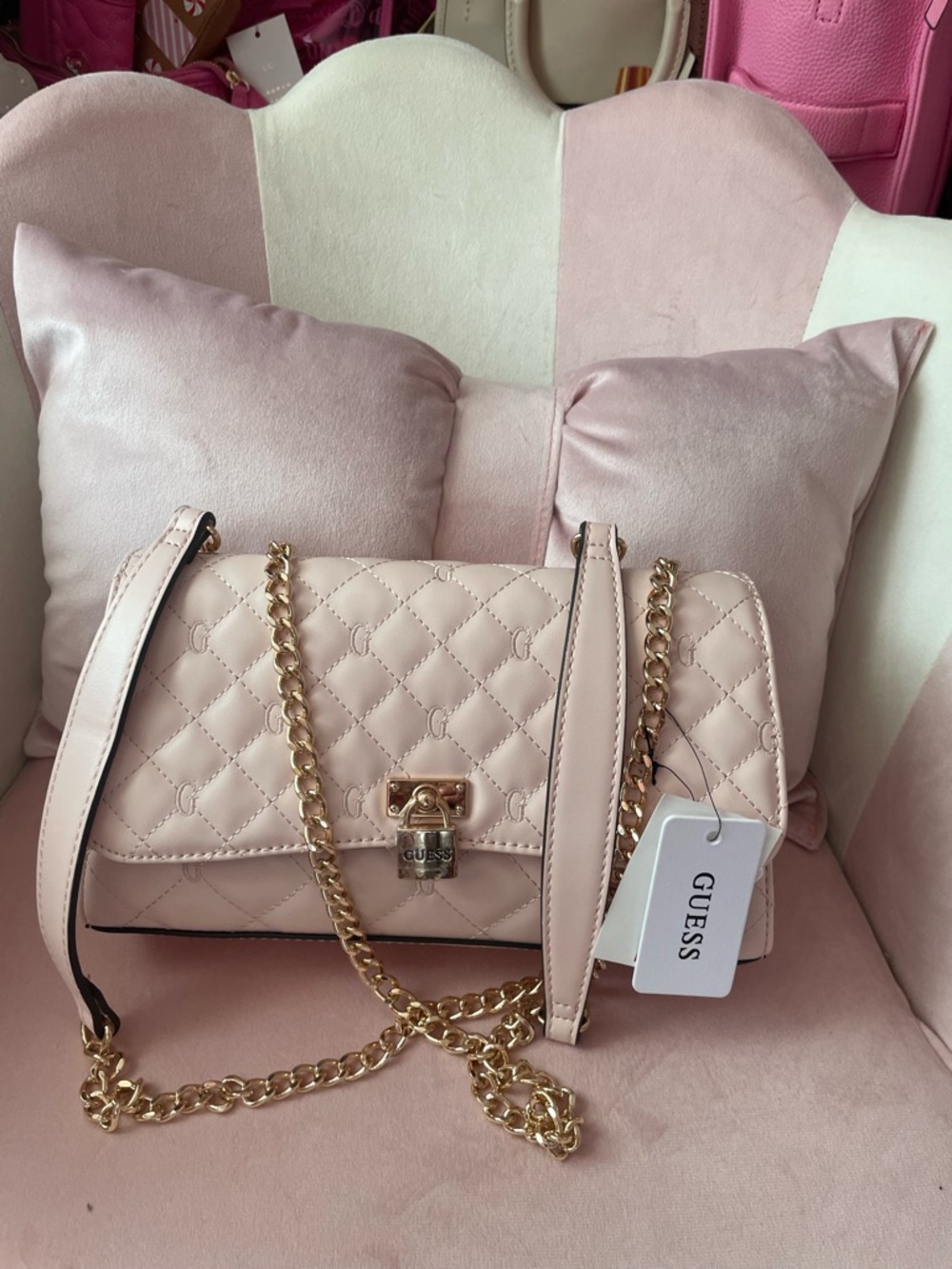 GUESS Quilted Shoulder Bag in Light Blush Pink with Gold Chain